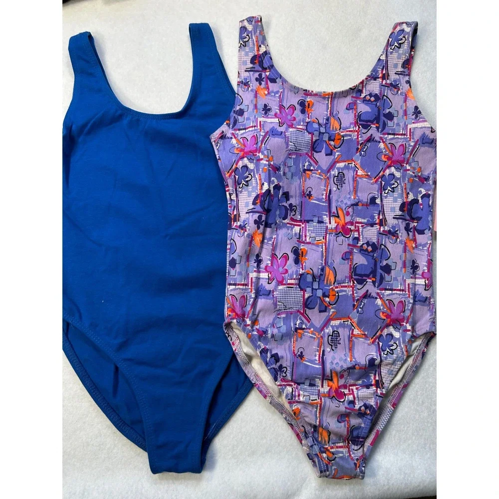 Vintage Jenni Rose Body Flex Kids Leotard Set 12/14 Blue Purple Floral 90s USA